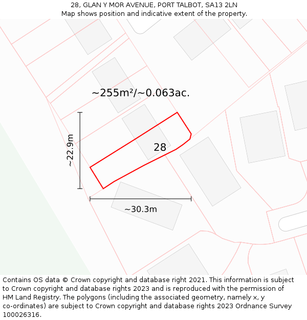 28, GLAN Y MOR AVENUE, PORT TALBOT, SA13 2LN: Plot and title map