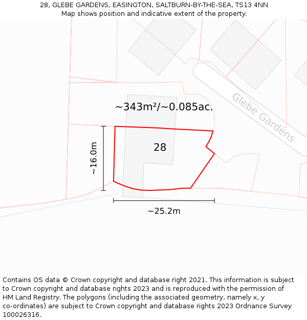 28, GLEBE GARDENS, EASINGTON, SALTBURN-BY-THE-SEA, TS13 4NN: Plot and title map