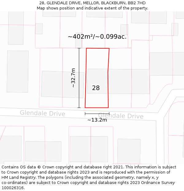 28, GLENDALE DRIVE, MELLOR, BLACKBURN, BB2 7HD: Plot and title map