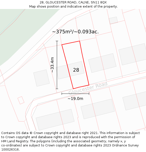28, GLOUCESTER ROAD, CALNE, SN11 8QX: Plot and title map