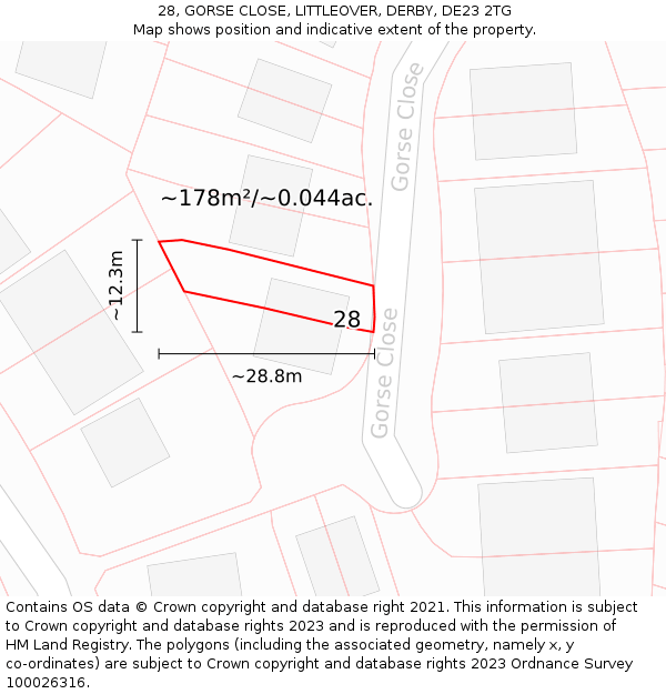 28, GORSE CLOSE, LITTLEOVER, DERBY, DE23 2TG: Plot and title map