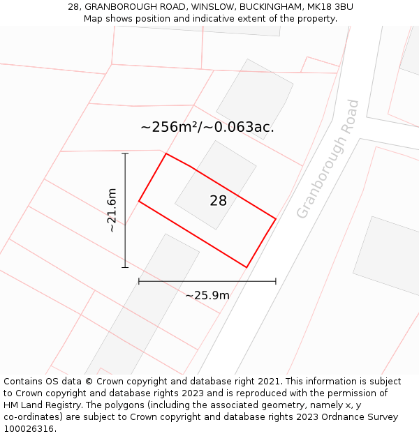 28, GRANBOROUGH ROAD, WINSLOW, BUCKINGHAM, MK18 3BU: Plot and title map