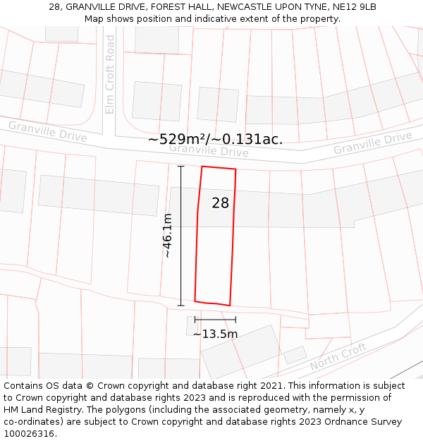 28, GRANVILLE DRIVE, FOREST HALL, NEWCASTLE UPON TYNE, NE12 9LB: Plot and title map