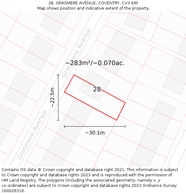 28, GRASMERE AVENUE, COVENTRY, CV3 6AY: Plot and title map
