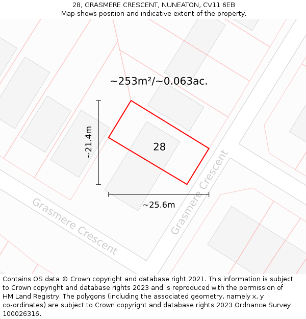 28, GRASMERE CRESCENT, NUNEATON, CV11 6EB: Plot and title map