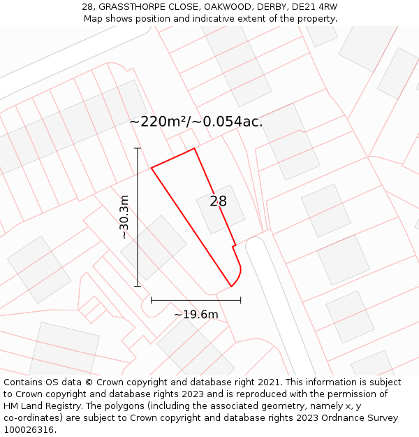 28, GRASSTHORPE CLOSE, OAKWOOD, DERBY, DE21 4RW: Plot and title map