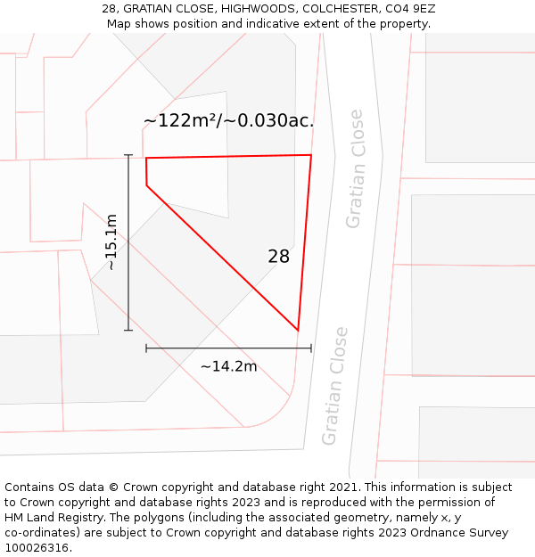 28, GRATIAN CLOSE, HIGHWOODS, COLCHESTER, CO4 9EZ: Plot and title map