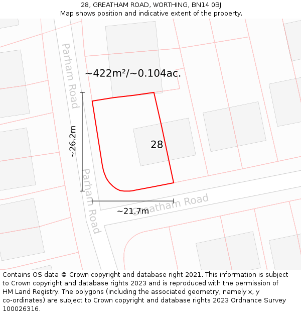 28, GREATHAM ROAD, WORTHING, BN14 0BJ: Plot and title map