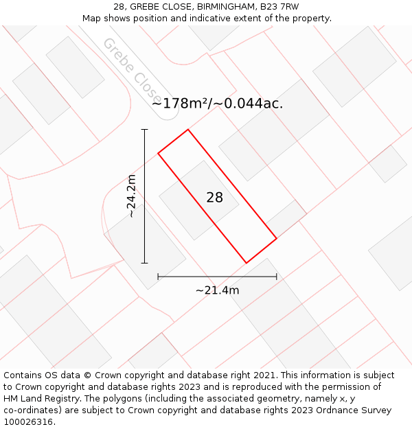 28, GREBE CLOSE, BIRMINGHAM, B23 7RW: Plot and title map