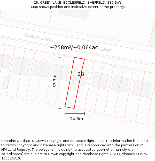 28, GREEN LANE, ECCLESFIELD, SHEFFIELD, S35 9WY: Plot and title map
