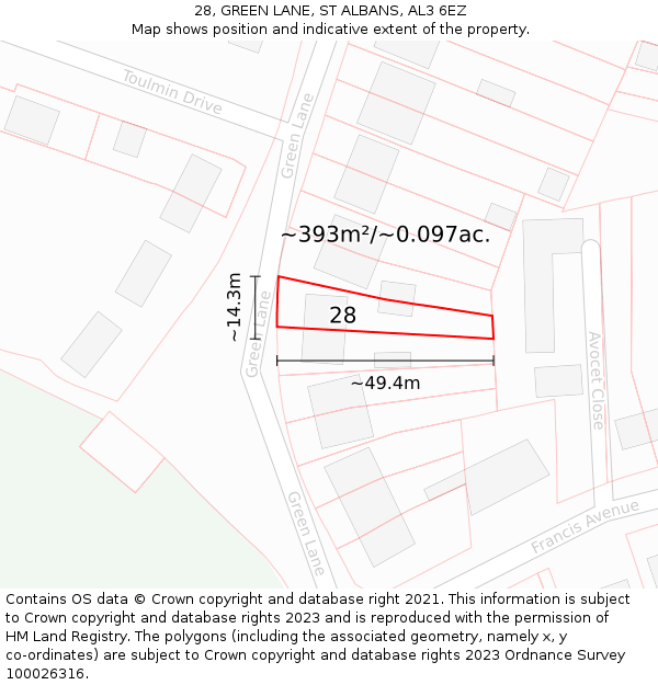 28, GREEN LANE, ST ALBANS, AL3 6EZ: Plot and title map