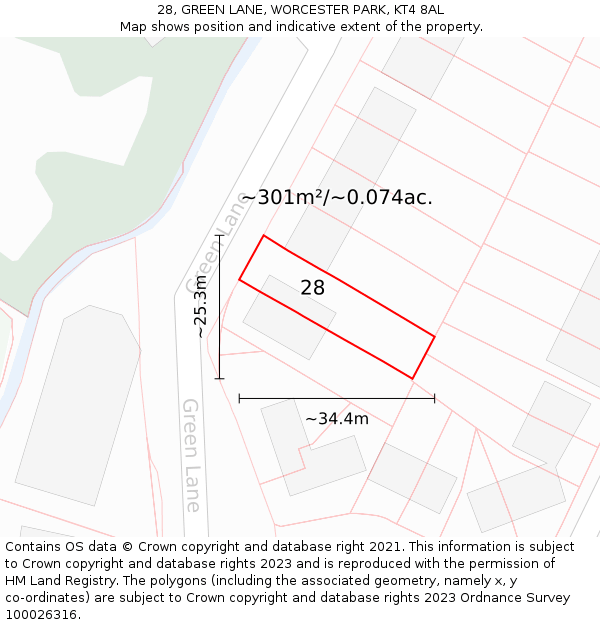 28, GREEN LANE, WORCESTER PARK, KT4 8AL: Plot and title map