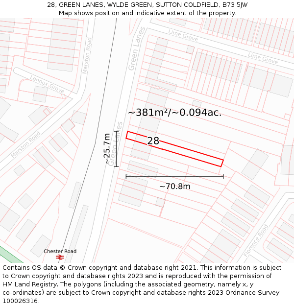 28, GREEN LANES, WYLDE GREEN, SUTTON COLDFIELD, B73 5JW: Plot and title map