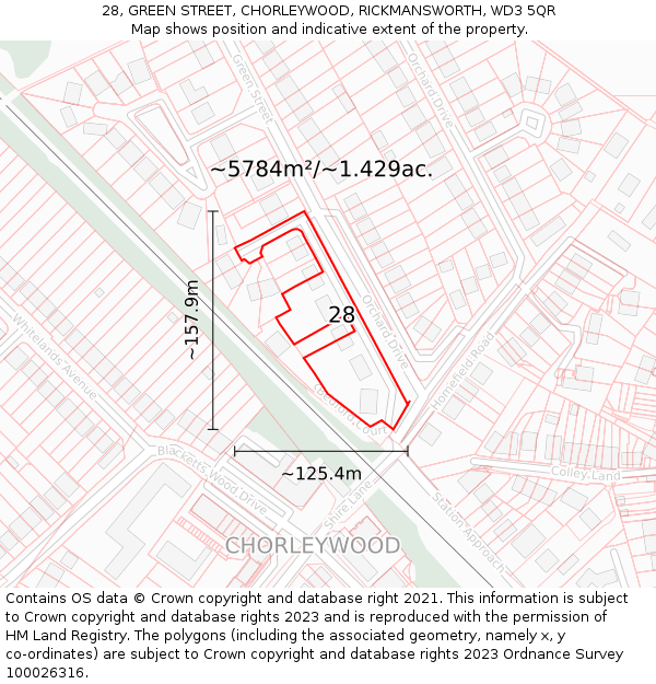 28, GREEN STREET, CHORLEYWOOD, RICKMANSWORTH, WD3 5QR: Plot and title map