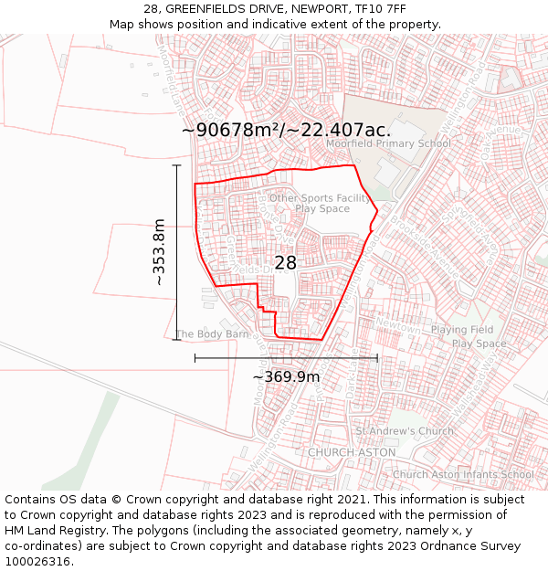 28, GREENFIELDS DRIVE, NEWPORT, TF10 7FF: Plot and title map