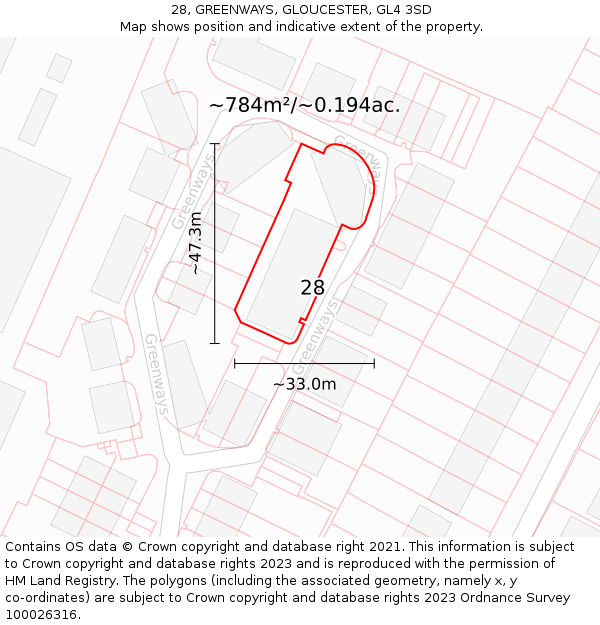 28, GREENWAYS, GLOUCESTER, GL4 3SD: Plot and title map