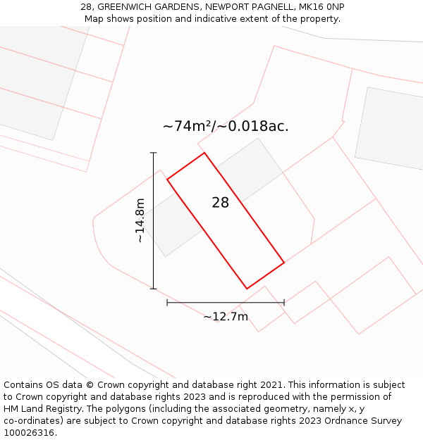 28, GREENWICH GARDENS, NEWPORT PAGNELL, MK16 0NP: Plot and title map
