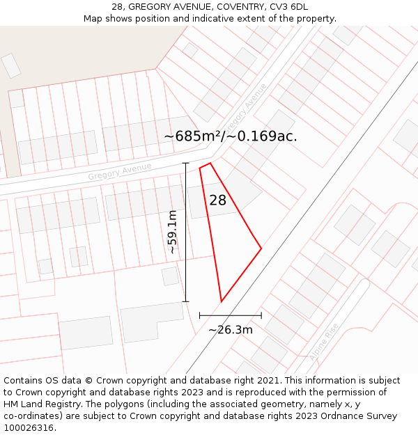 28, GREGORY AVENUE, COVENTRY, CV3 6DL: Plot and title map