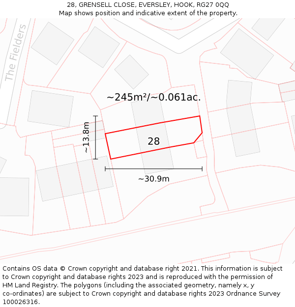 28, GRENSELL CLOSE, EVERSLEY, HOOK, RG27 0QQ: Plot and title map