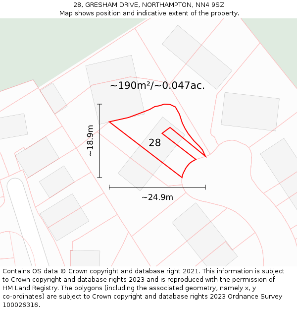 28, GRESHAM DRIVE, NORTHAMPTON, NN4 9SZ: Plot and title map