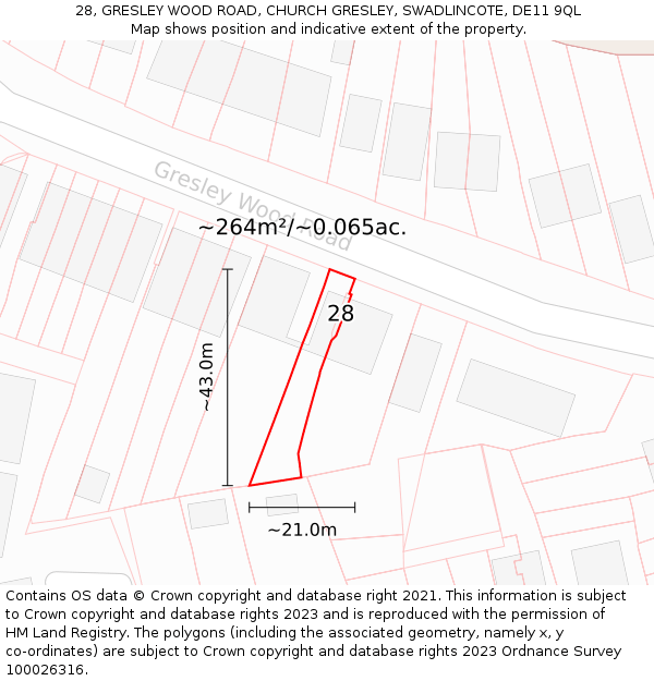28, GRESLEY WOOD ROAD, CHURCH GRESLEY, SWADLINCOTE, DE11 9QL: Plot and title map