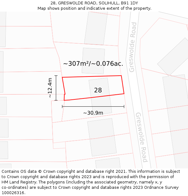 28, GRESWOLDE ROAD, SOLIHULL, B91 1DY: Plot and title map