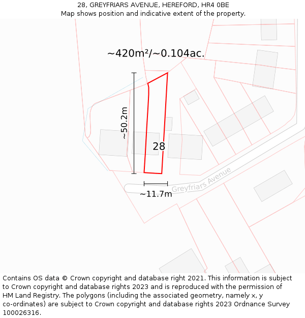 28, GREYFRIARS AVENUE, HEREFORD, HR4 0BE: Plot and title map