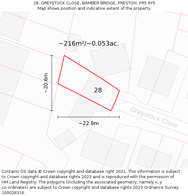 28, GREYSTOCK CLOSE, BAMBER BRIDGE, PRESTON, PR5 6YS: Plot and title map