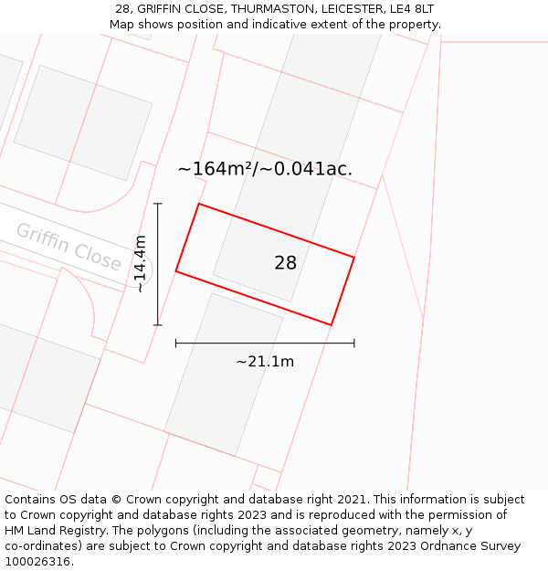 28, GRIFFIN CLOSE, THURMASTON, LEICESTER, LE4 8LT: Plot and title map