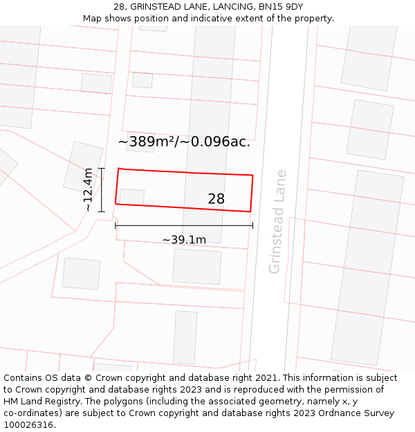 28, GRINSTEAD LANE, LANCING, BN15 9DY: Plot and title map