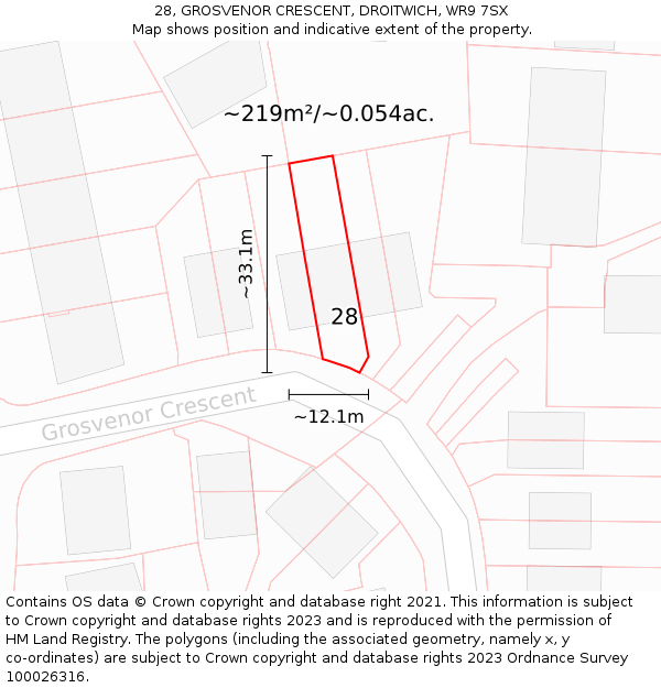 28, GROSVENOR CRESCENT, DROITWICH, WR9 7SX: Plot and title map