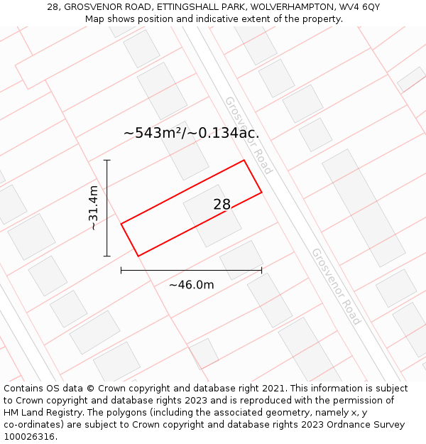 28, GROSVENOR ROAD, ETTINGSHALL PARK, WOLVERHAMPTON, WV4 6QY: Plot and title map