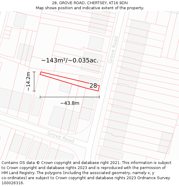28, GROVE ROAD, CHERTSEY, KT16 9DN: Plot and title map
