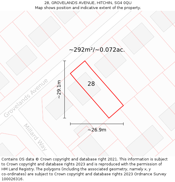 28, GROVELANDS AVENUE, HITCHIN, SG4 0QU: Plot and title map