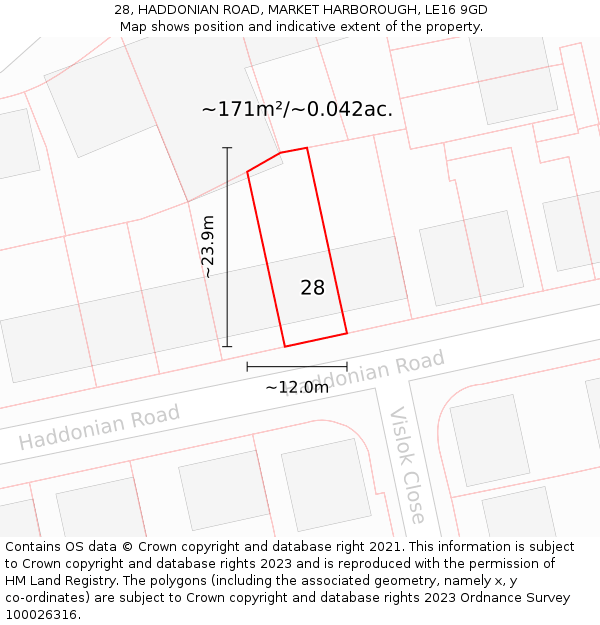 28, HADDONIAN ROAD, MARKET HARBOROUGH, LE16 9GD: Plot and title map