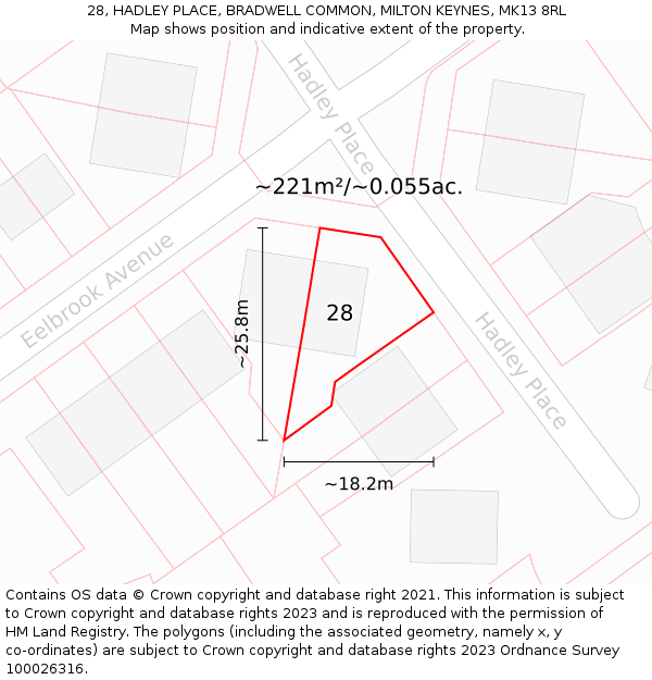 28, HADLEY PLACE, BRADWELL COMMON, MILTON KEYNES, MK13 8RL: Plot and title map