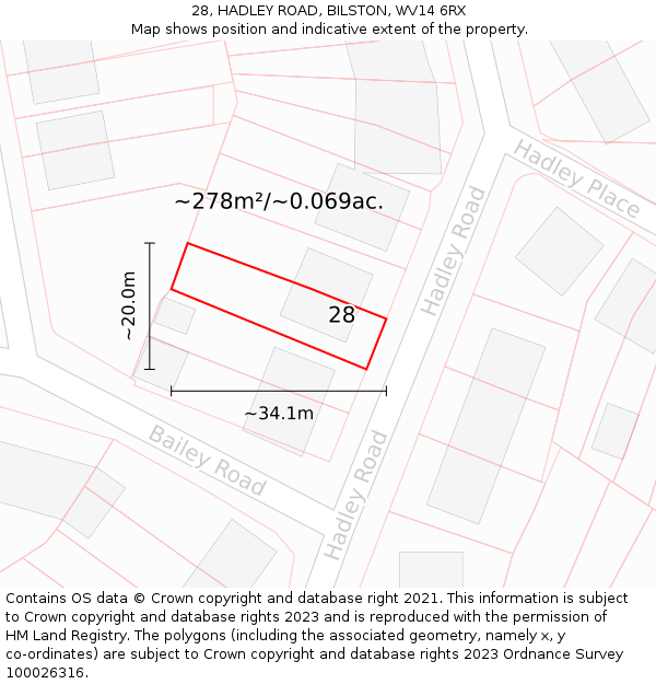 28, HADLEY ROAD, BILSTON, WV14 6RX: Plot and title map