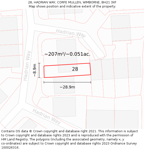 28, HADRIAN WAY, CORFE MULLEN, WIMBORNE, BH21 3XF: Plot and title map