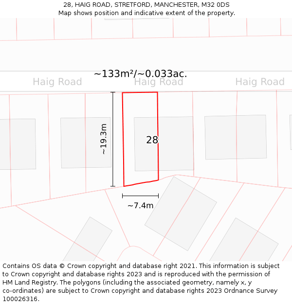 28, HAIG ROAD, STRETFORD, MANCHESTER, M32 0DS: Plot and title map