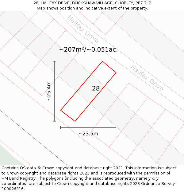 28, HALIFAX DRIVE, BUCKSHAW VILLAGE, CHORLEY, PR7 7LP: Plot and title map