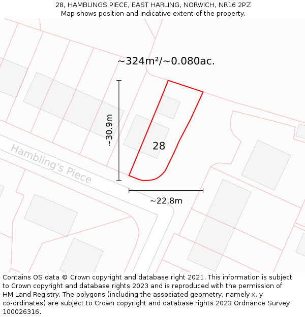 28, HAMBLINGS PIECE, EAST HARLING, NORWICH, NR16 2PZ: Plot and title map