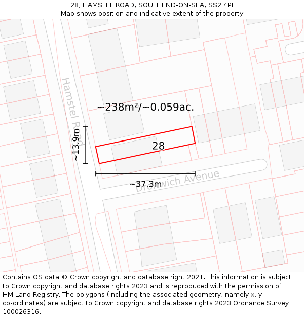 28, HAMSTEL ROAD, SOUTHEND-ON-SEA, SS2 4PF: Plot and title map