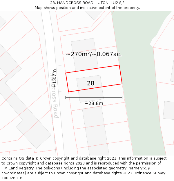 28, HANDCROSS ROAD, LUTON, LU2 8JF: Plot and title map