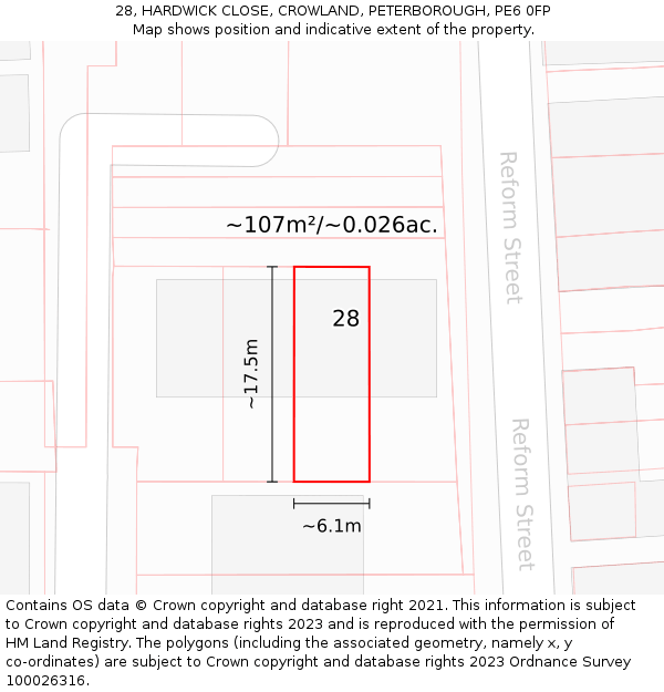 28, HARDWICK CLOSE, CROWLAND, PETERBOROUGH, PE6 0FP: Plot and title map