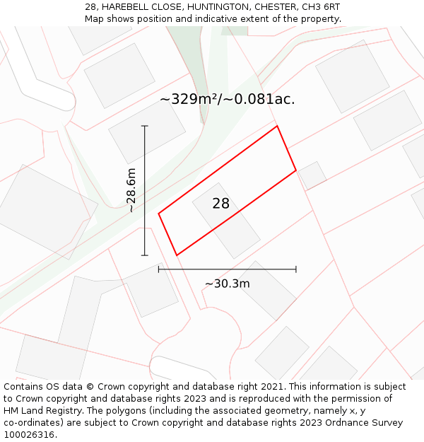 28, HAREBELL CLOSE, HUNTINGTON, CHESTER, CH3 6RT: Plot and title map