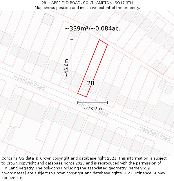28, HAREFIELD ROAD, SOUTHAMPTON, SO17 3TH: Plot and title map