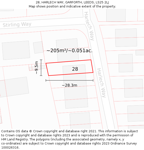 28, HARLECH WAY, GARFORTH, LEEDS, LS25 2LJ: Plot and title map
