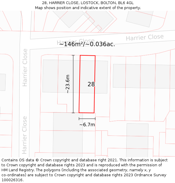 28, HARRIER CLOSE, LOSTOCK, BOLTON, BL6 4GL: Plot and title map