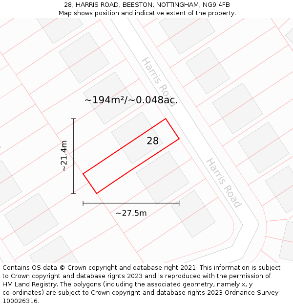 28, HARRIS ROAD, BEESTON, NOTTINGHAM, NG9 4FB: Plot and title map