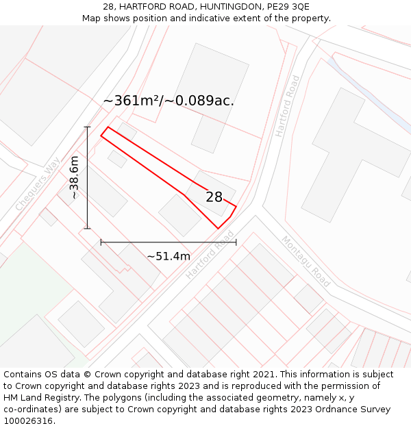 28, HARTFORD ROAD, HUNTINGDON, PE29 3QE: Plot and title map